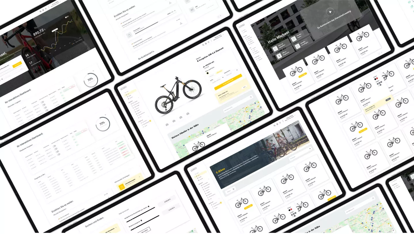 An overview of multiple tablet screens displaying various digital dashboard views and interactive pages, including charts, maps, bike offers, and user information.