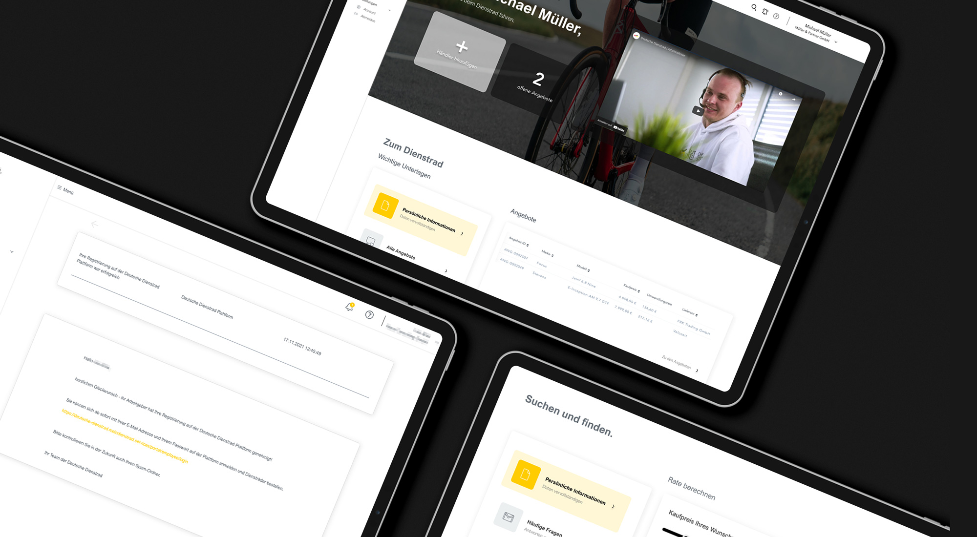 Three tablets display different views of a digital platform for company bike proposals.